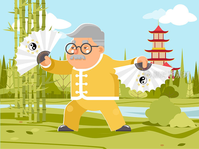 Grandfather fan chinese wushu taichi kungfu fitness china healthy activities adult old age man asian character cartoon nature background flat design vector illustration